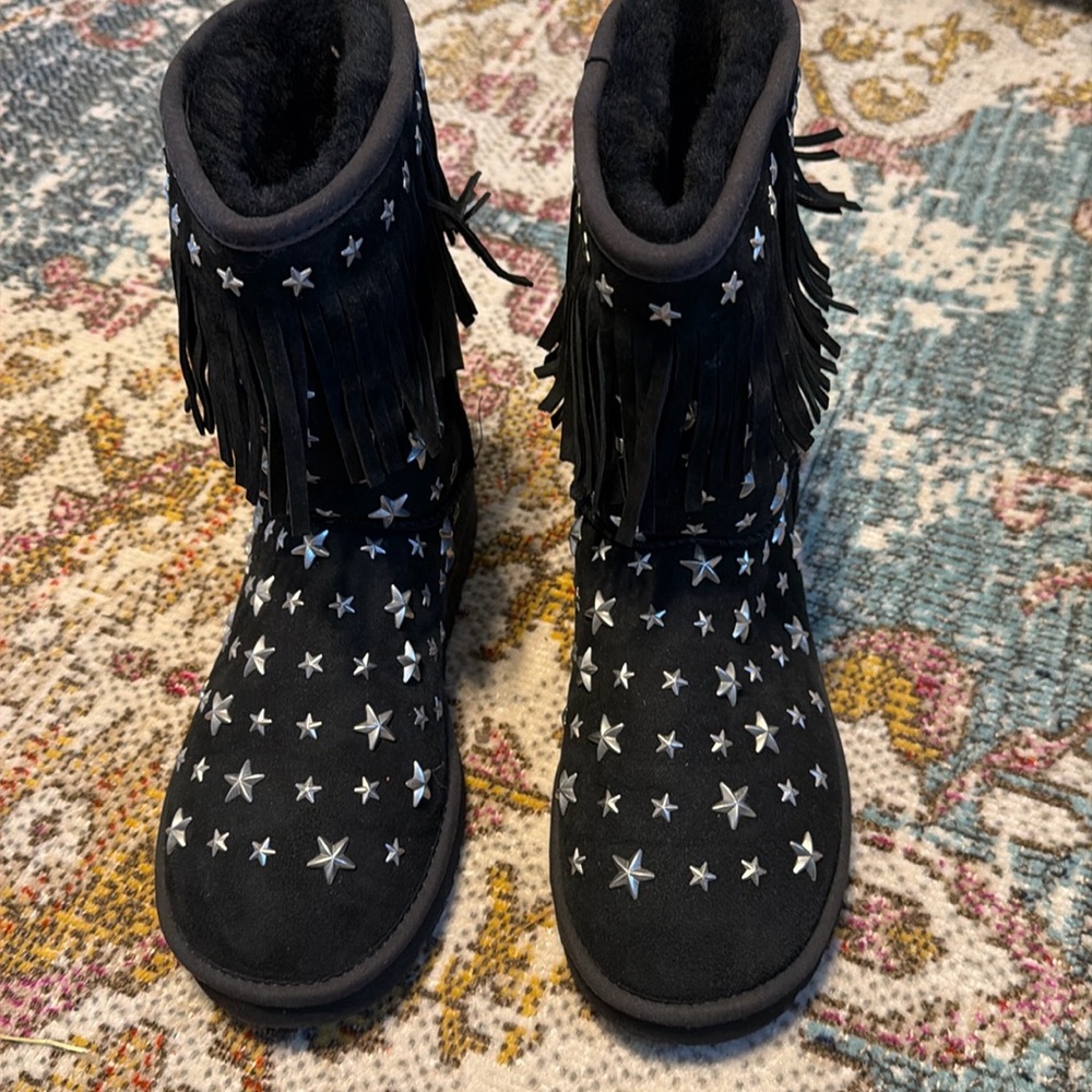 UGG x Jimmy Choo Black Suede Star Studded Fringe Boots Limited Edition Women 8